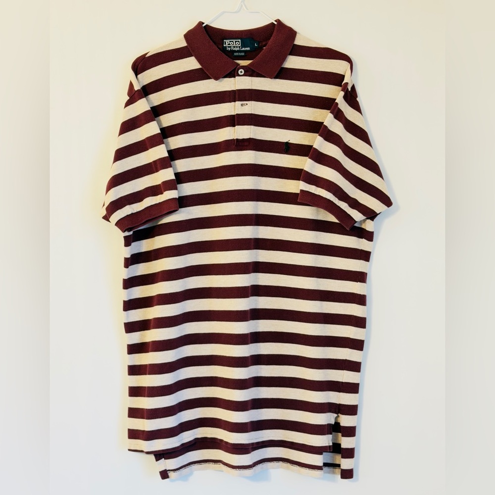 Ralph Lauren Maroon and Cream Striped Polo Vintage Short Sleeve Shirt large
